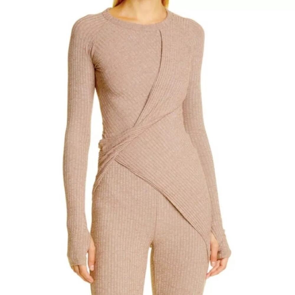 Alix Nyc Vista Rib Twist Front Stretch Long Sleeve Top in Chestnut Size Medium